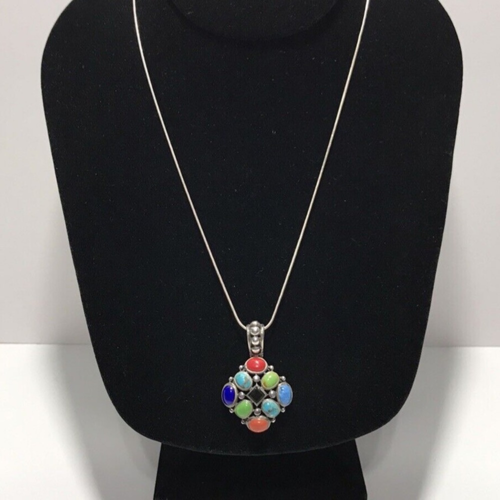 N126 925 Sterling Silver Authentic Gemstones and Onyx Center Pendant Necklace - Picture 4 of 6